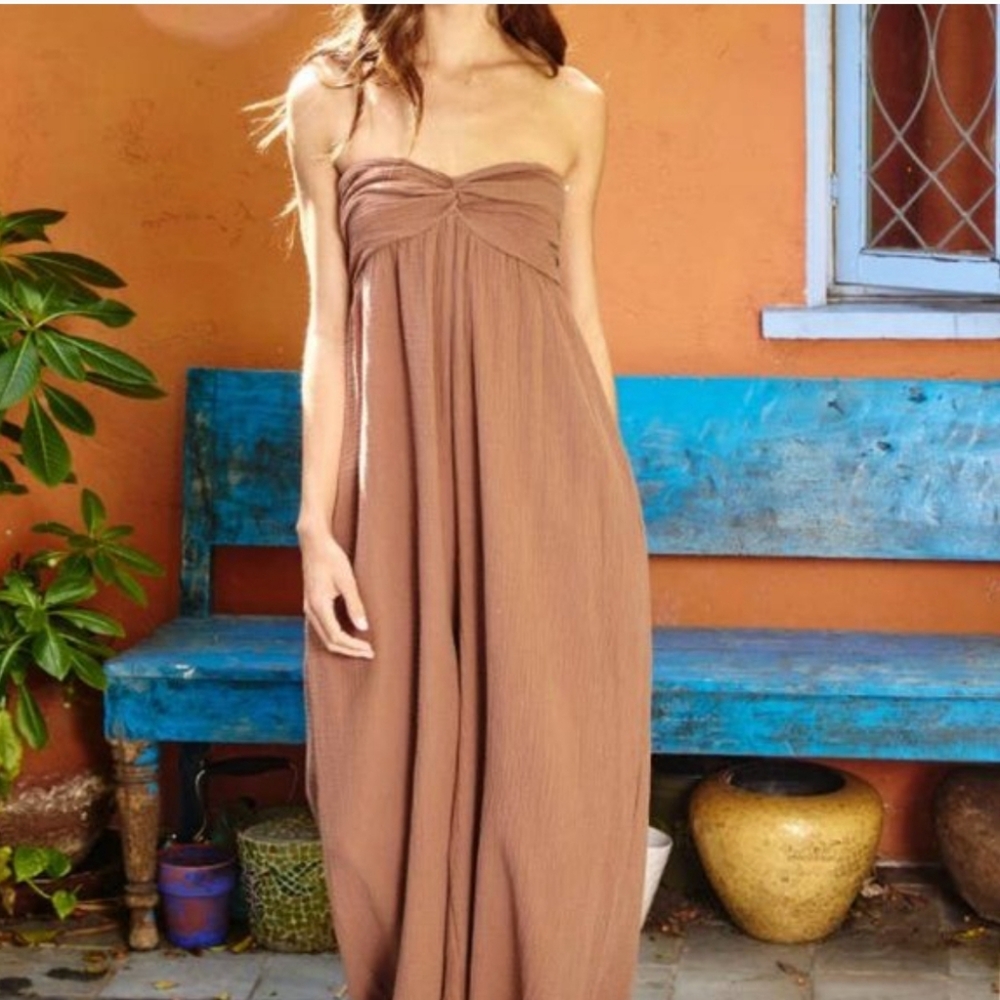 Brown Wide Leg Strapless 100% Cotton Gauzy Jumpsuit Summer Beach Resortwear Lg. - Picture 4 of 11